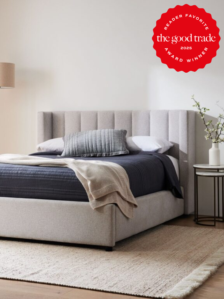 A modern bedroom with a gray upholstered bed, striped gray pillow, and layered blankets. A white lamp and vase with branches are on a nightstand. "AlsWell Blog 2025 Award Winner" badge in corner.
