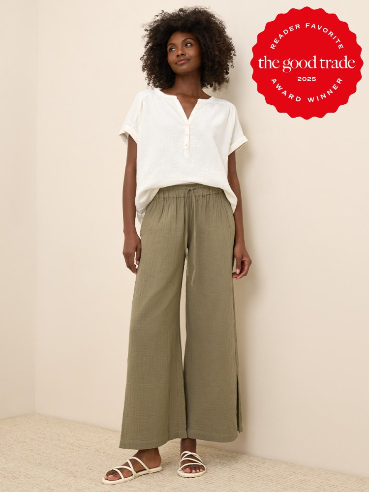 Person wearing a white short-sleeve blouse, olive green wide-leg pants, and white sandals. Red badge in the corner reads "Reader Favorite AlsWell Blog 2023 Award Winner.